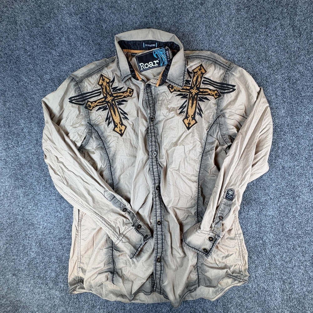 Roar Signature Shirt Mens XL Tan Embroidered Cross Cotton Stretch Button Front